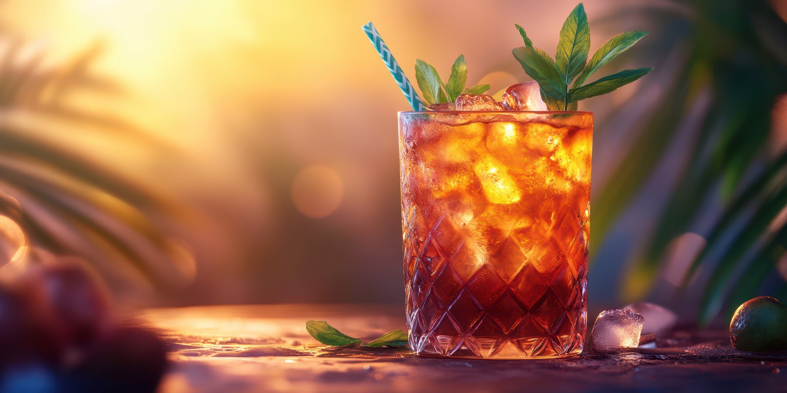 Refreshing cocktail served in a crystal glass with ice and mint leaves during sunset in a tropical setting